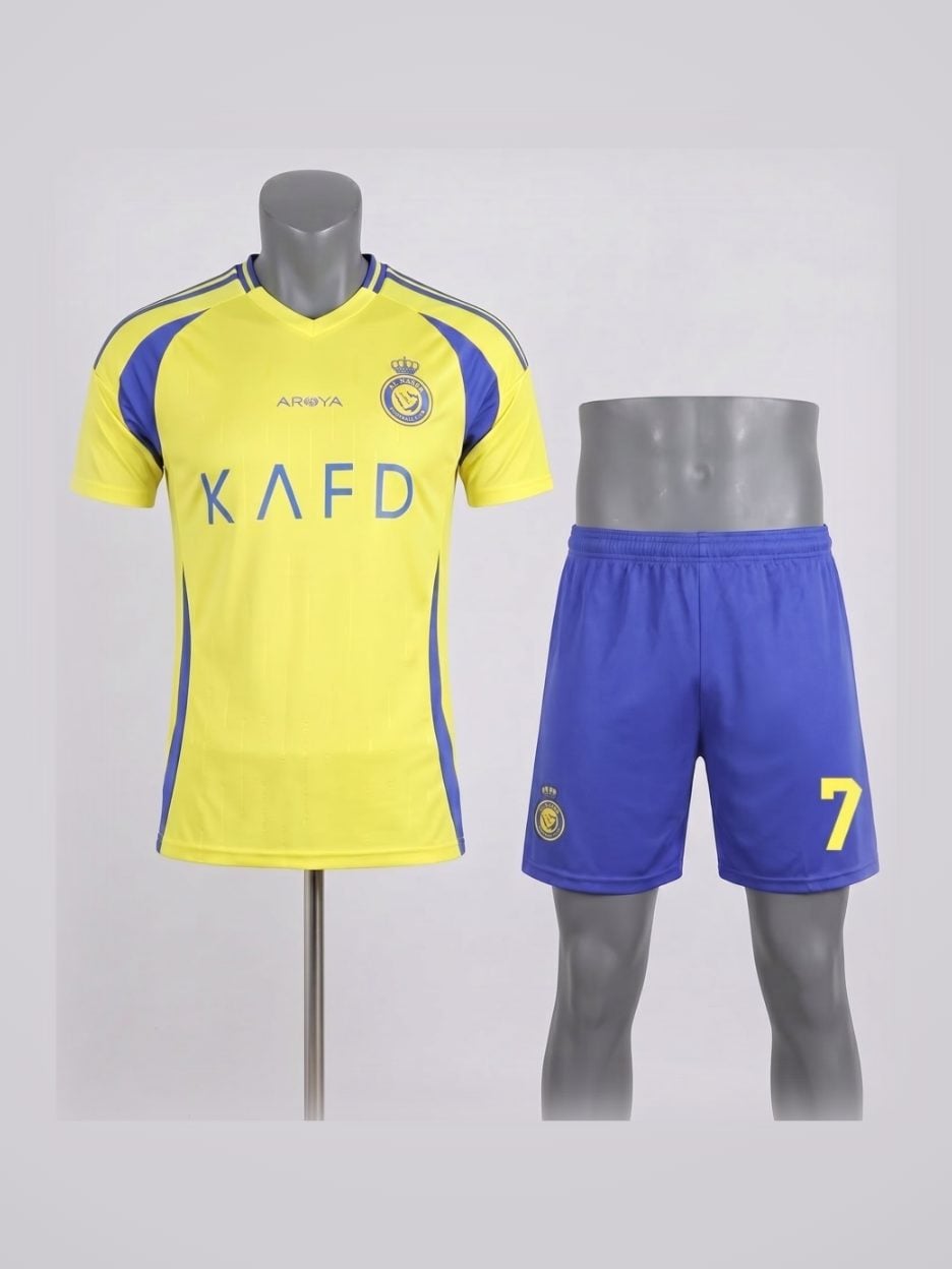 The Cristiano Ronaldo #7 Al Nassr Team Youth Soccer Set: the jersey with the matching shorts