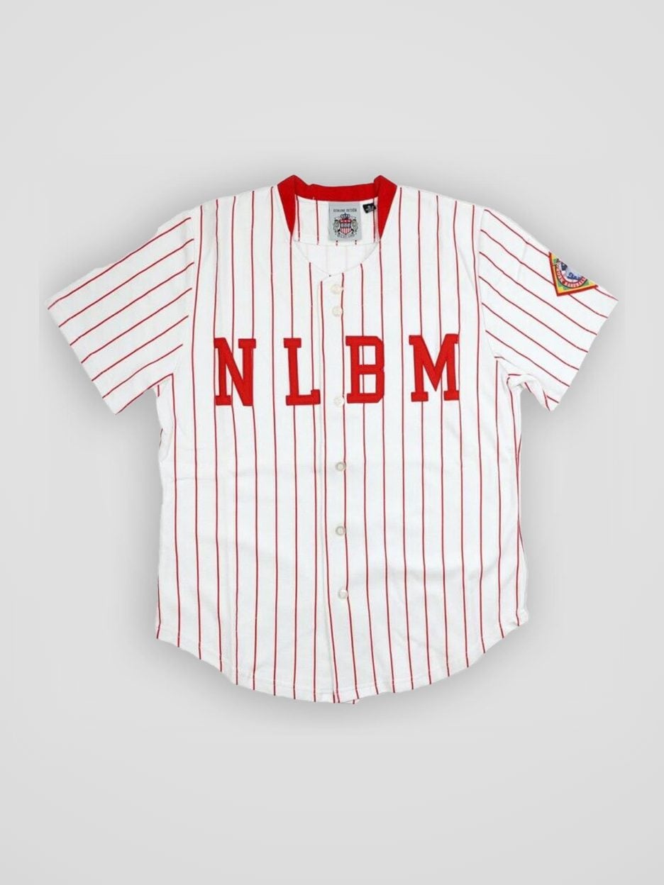 The NLBM Red Pin Stripes Jersey from the front: sewn lettering, an embroidered patch and the button front