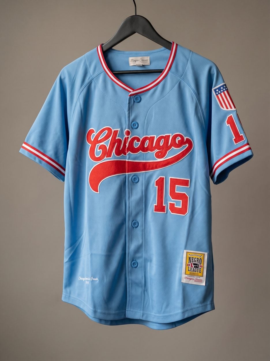 This jersey on a hanger, close enough to see the stitching, the fabric and the tags