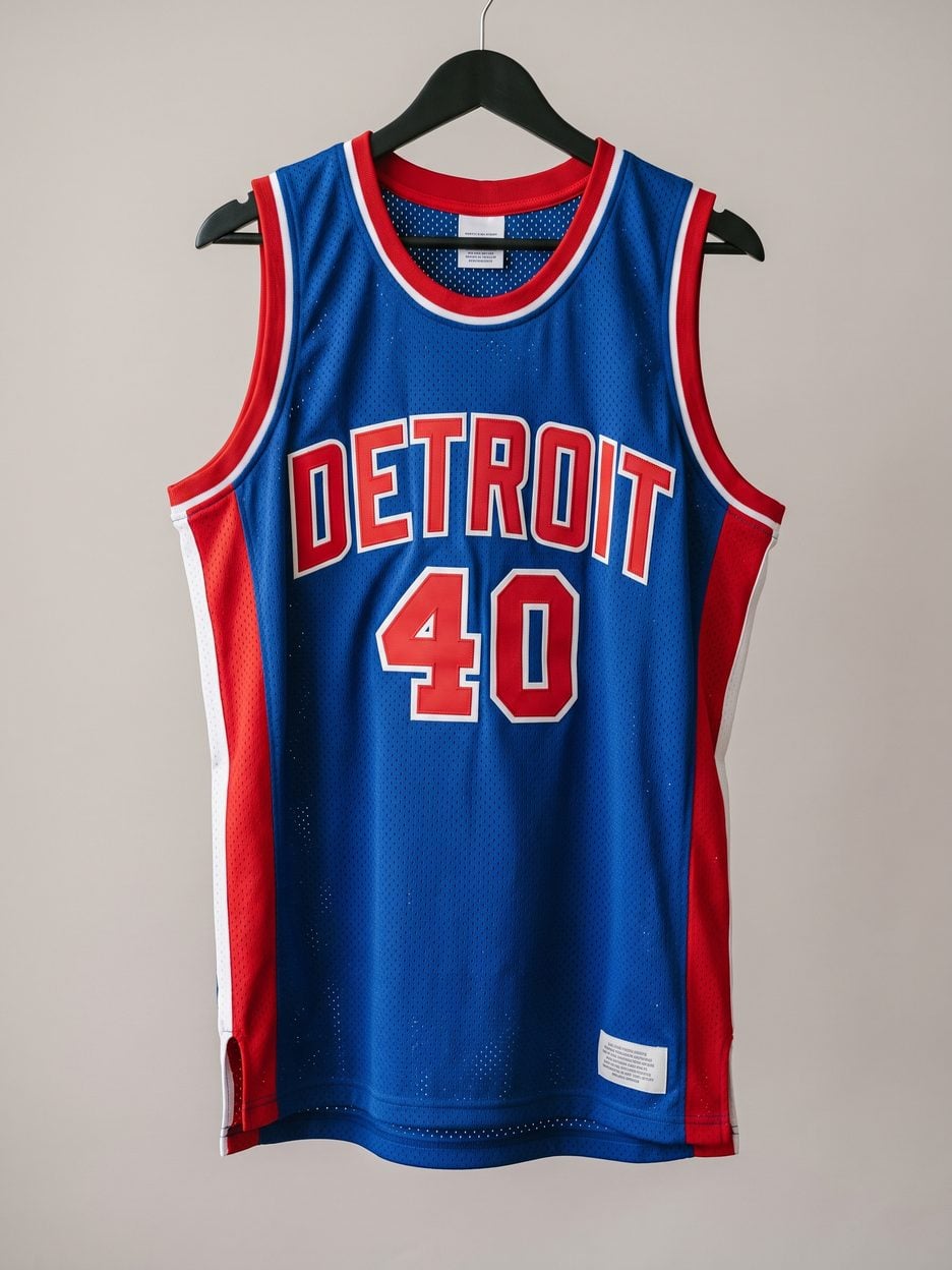 This jersey on a hanger, close enough to see the stitching, the fabric and the tags