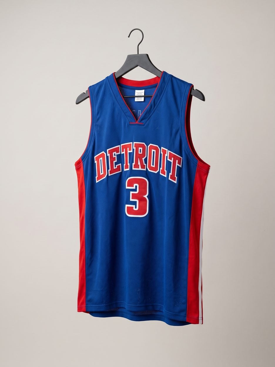 This jersey on a hanger, close enough to see the stitching, the fabric and the tags