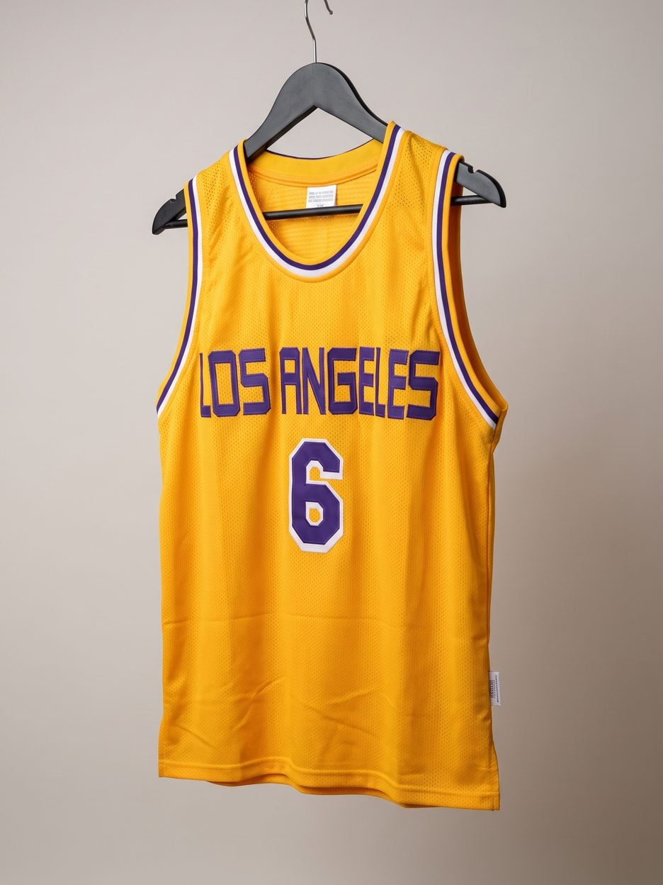 This jersey on a hanger, close enough to see the stitching, the fabric and the tags