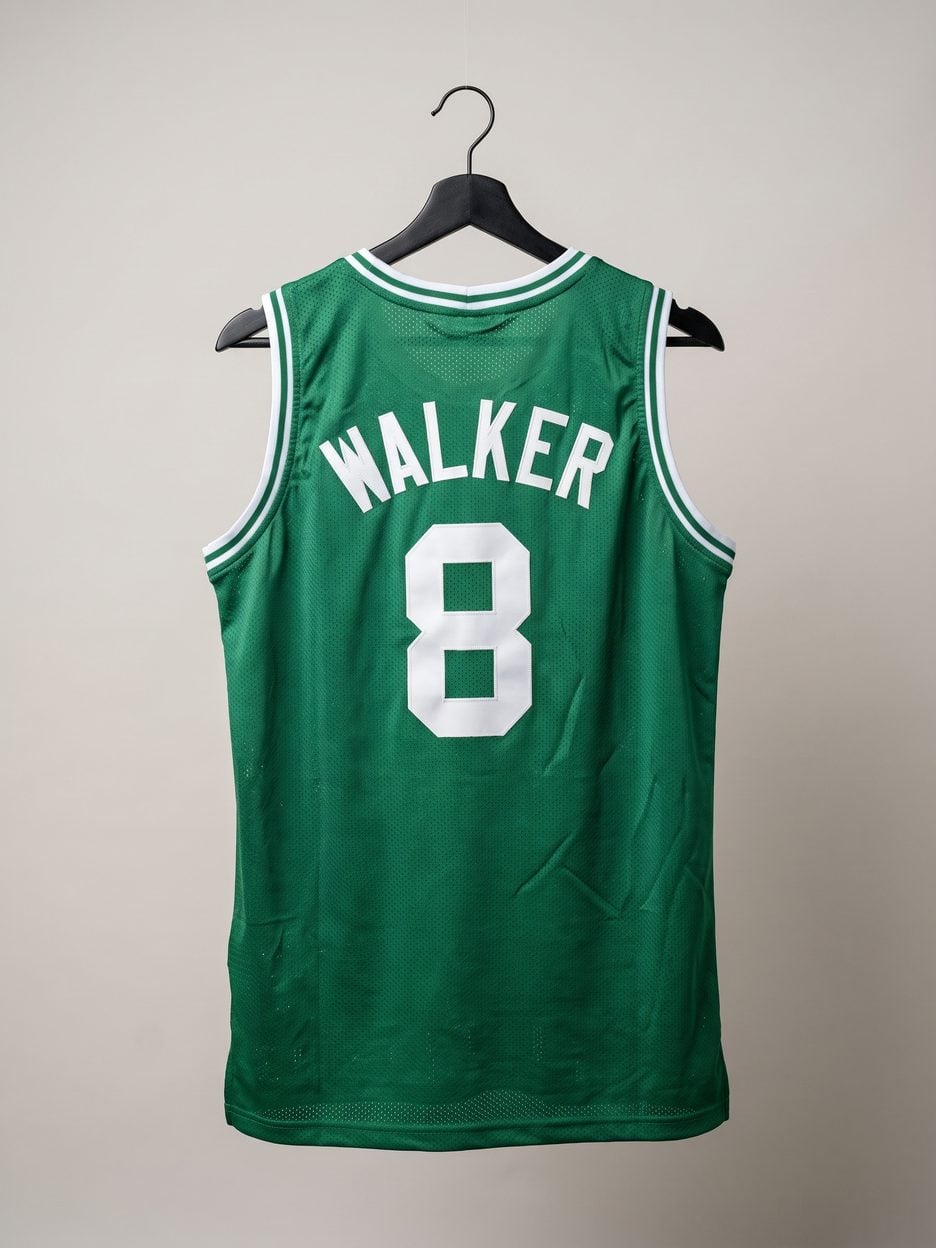 This jersey on a hanger, close enough to see the stitching, the fabric and the tags