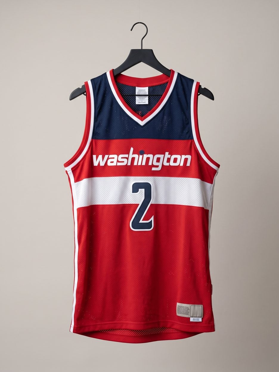 This jersey on a hanger, close enough to see the stitching, the fabric and the tags