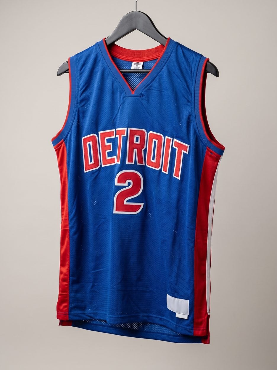 This jersey on a hanger, close enough to see the stitching, the fabric and the tags