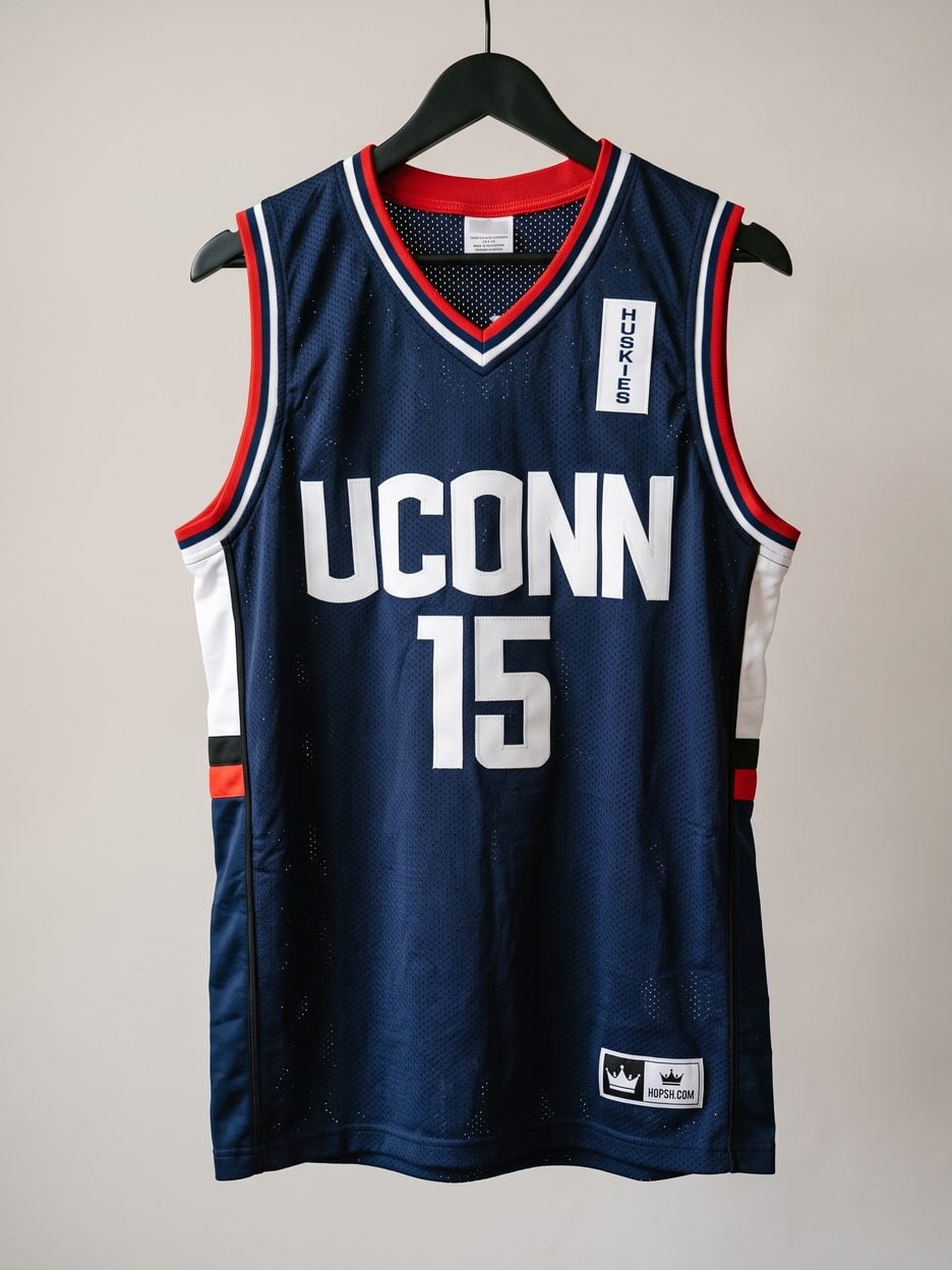 This jersey on a hanger, close enough to see the stitching, the fabric and the tags