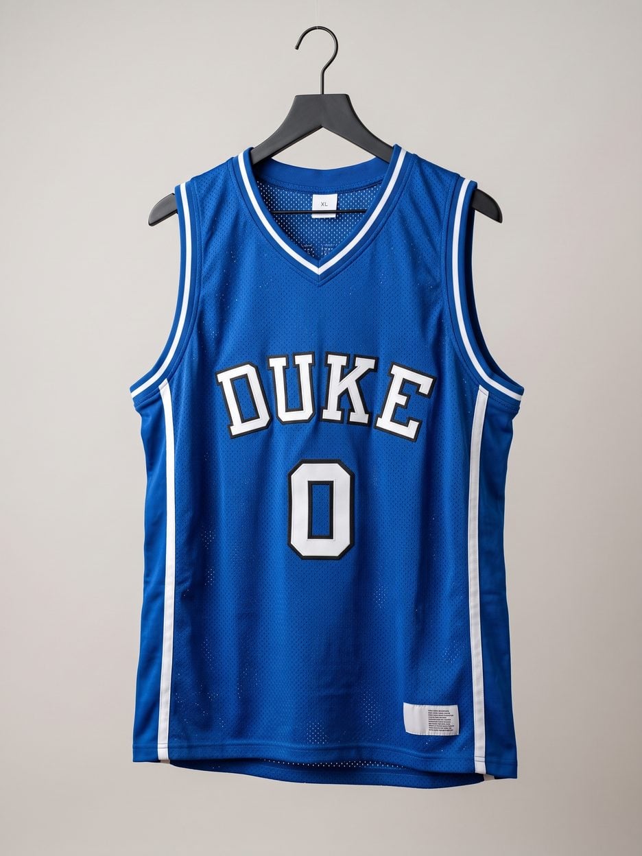 This jersey on a hanger, close enough to see the stitching, the fabric and the tags