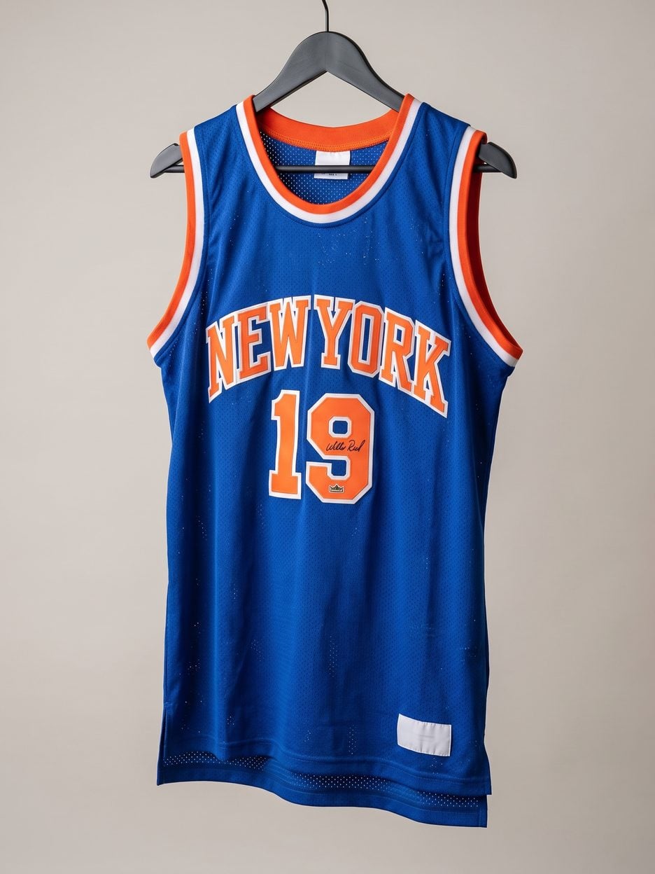 This jersey on a hanger, close enough to see the stitching, the fabric and the tags
