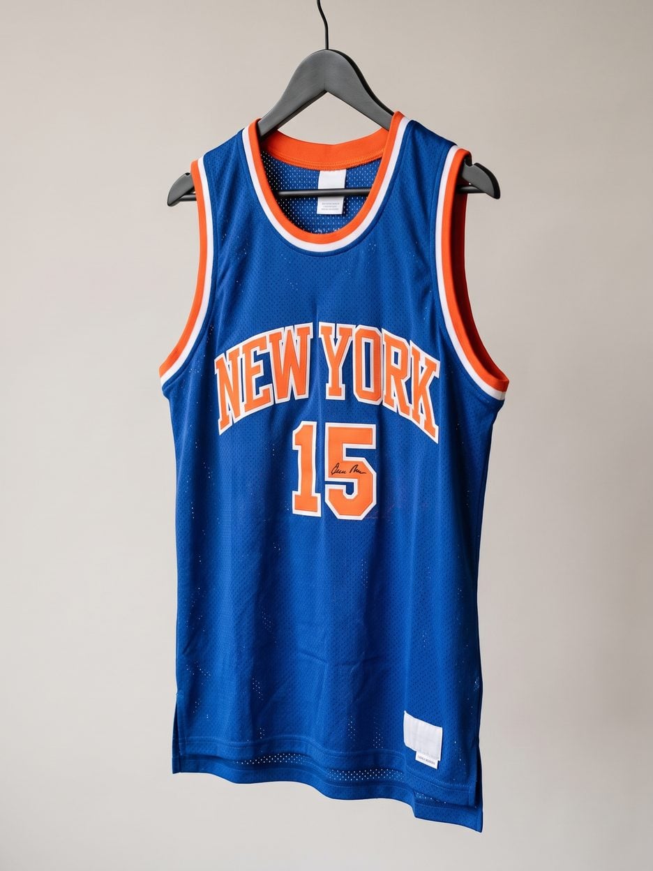 This jersey on a hanger, close enough to see the stitching, the fabric and the tags