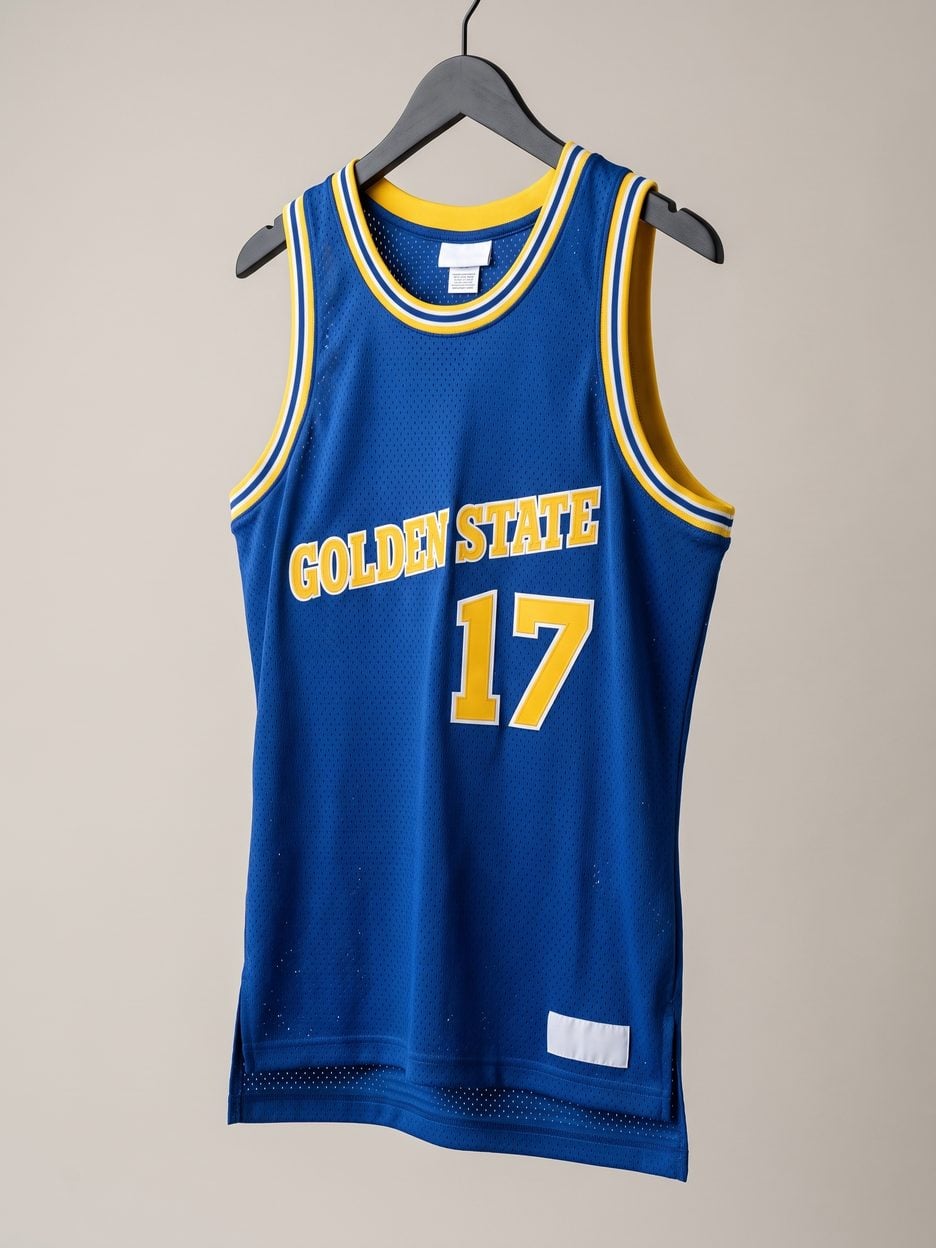 This jersey on a hanger, close enough to see the stitching, the fabric and the tags