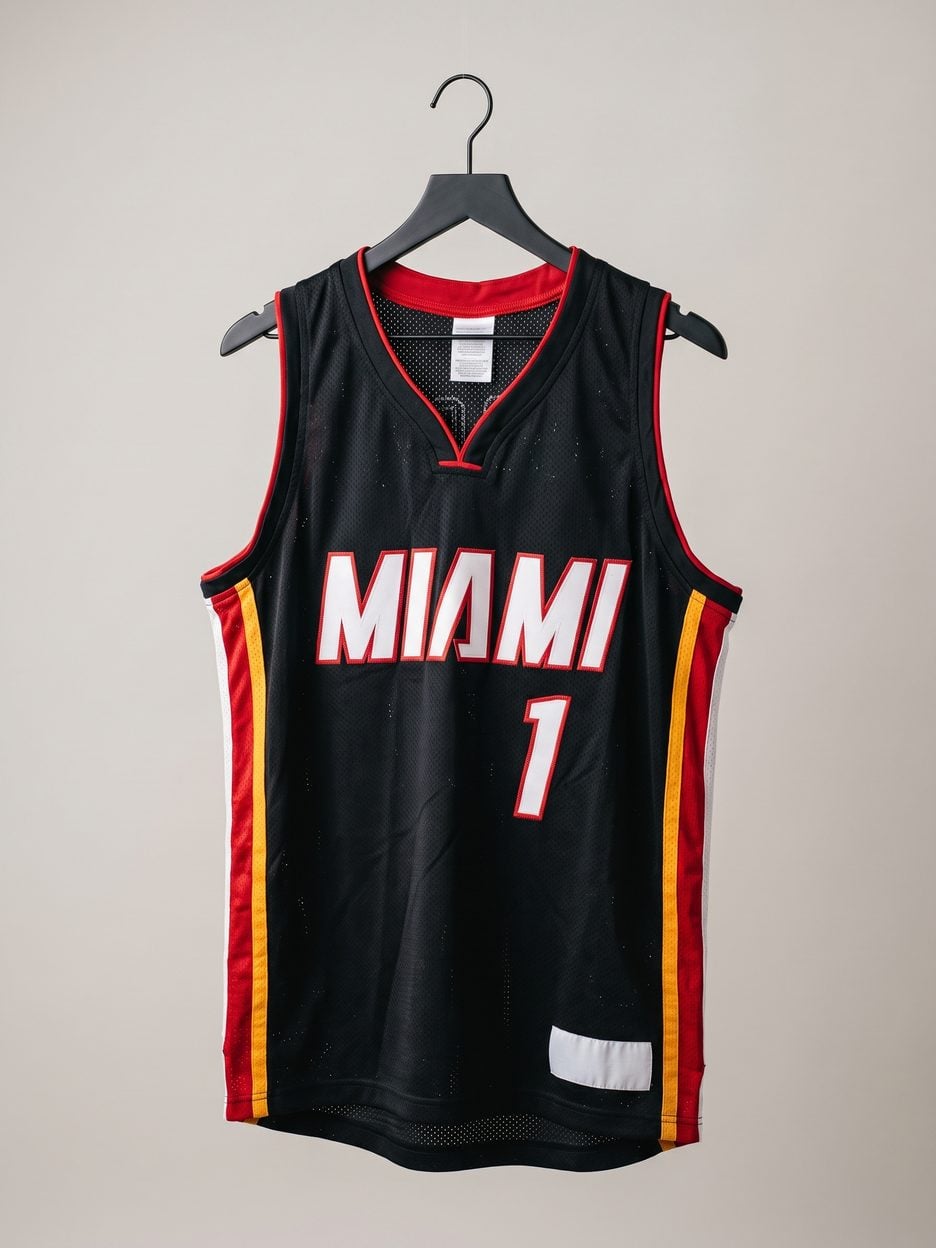 This jersey on a hanger, close enough to see the stitching, the fabric and the tags