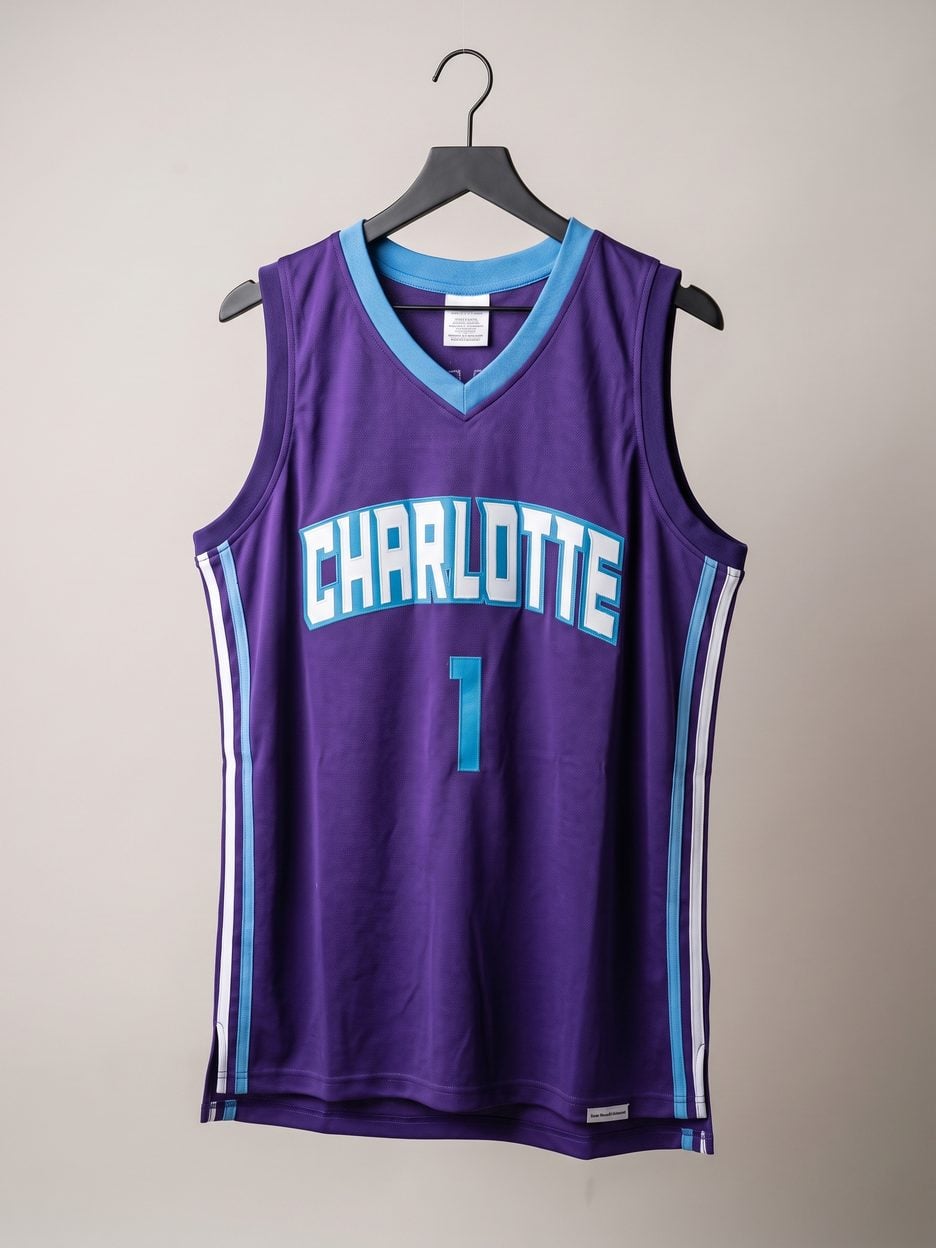This jersey on a hanger, close enough to see the stitching, the fabric and the tags