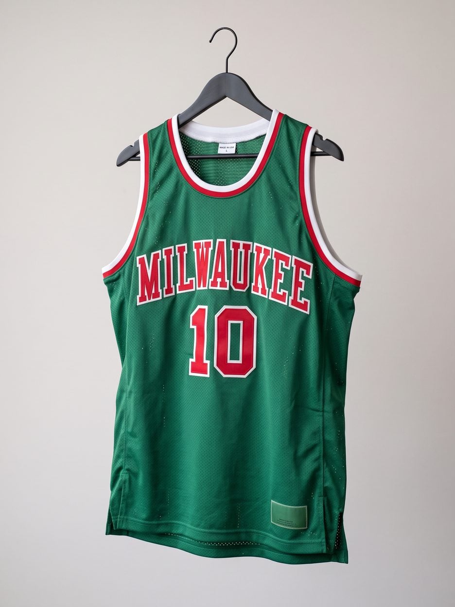 This jersey on a hanger, close enough to see the stitching, the fabric and the tags