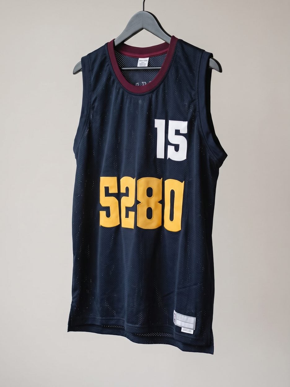 This jersey on a hanger, close enough to see the stitching, the fabric and the tags