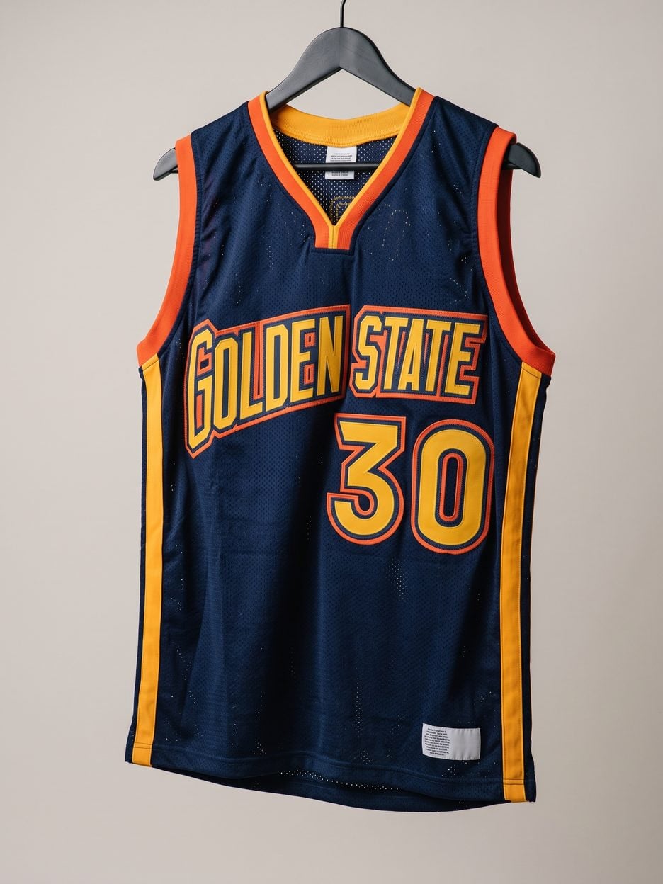 This jersey on a hanger, close enough to see the stitching, the fabric and the tags