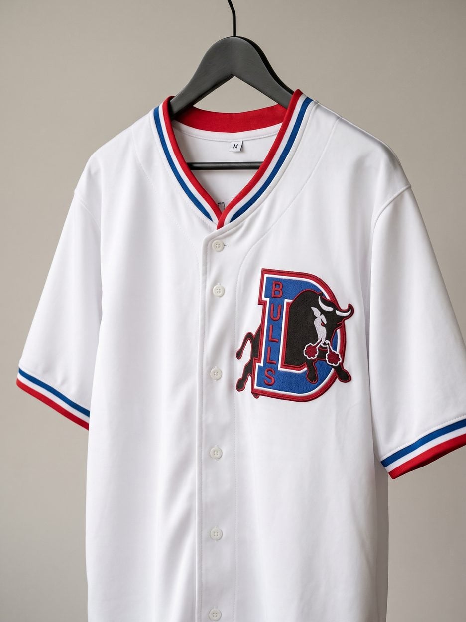 This jersey on a hanger, close enough to see the stitching, the fabric and the tags