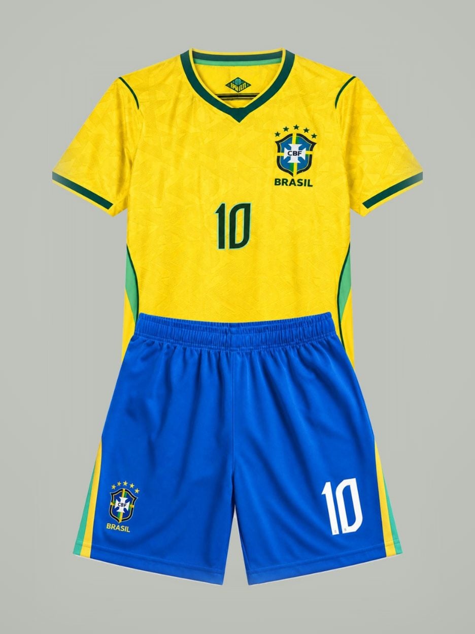 The #10 Vini Jr. Brazil Youth Soccer Jersey: the jersey with the matching shorts