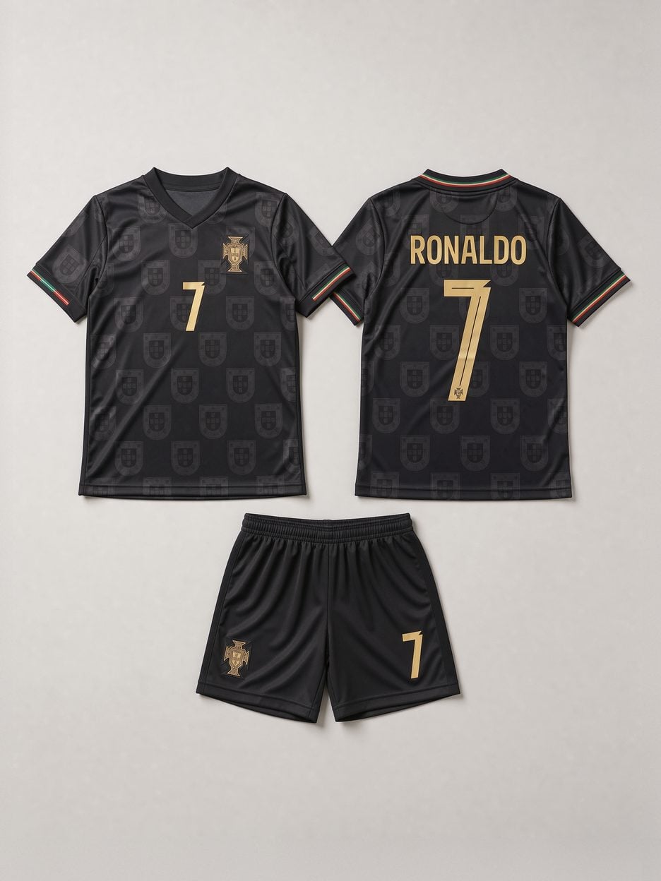 #7 Cristiano Ronaldo Portugal 'Black Panther' Youth Soccer Jersey, laid flat: the jersey front, the jersey back with the name and number, and the matching shorts