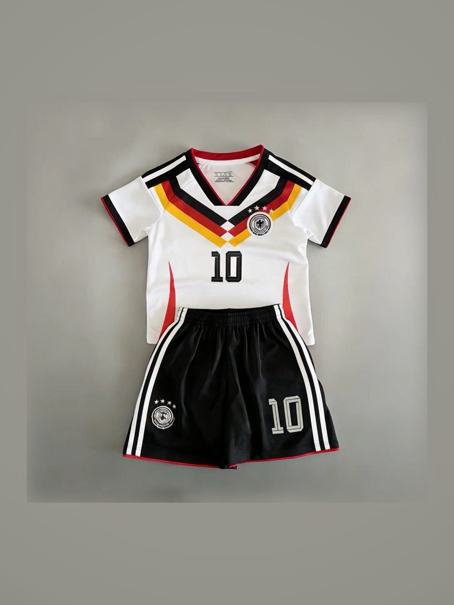 The #10 Jamal Musiala Germany Youth Soccer Jersey: the jersey with the matching shorts