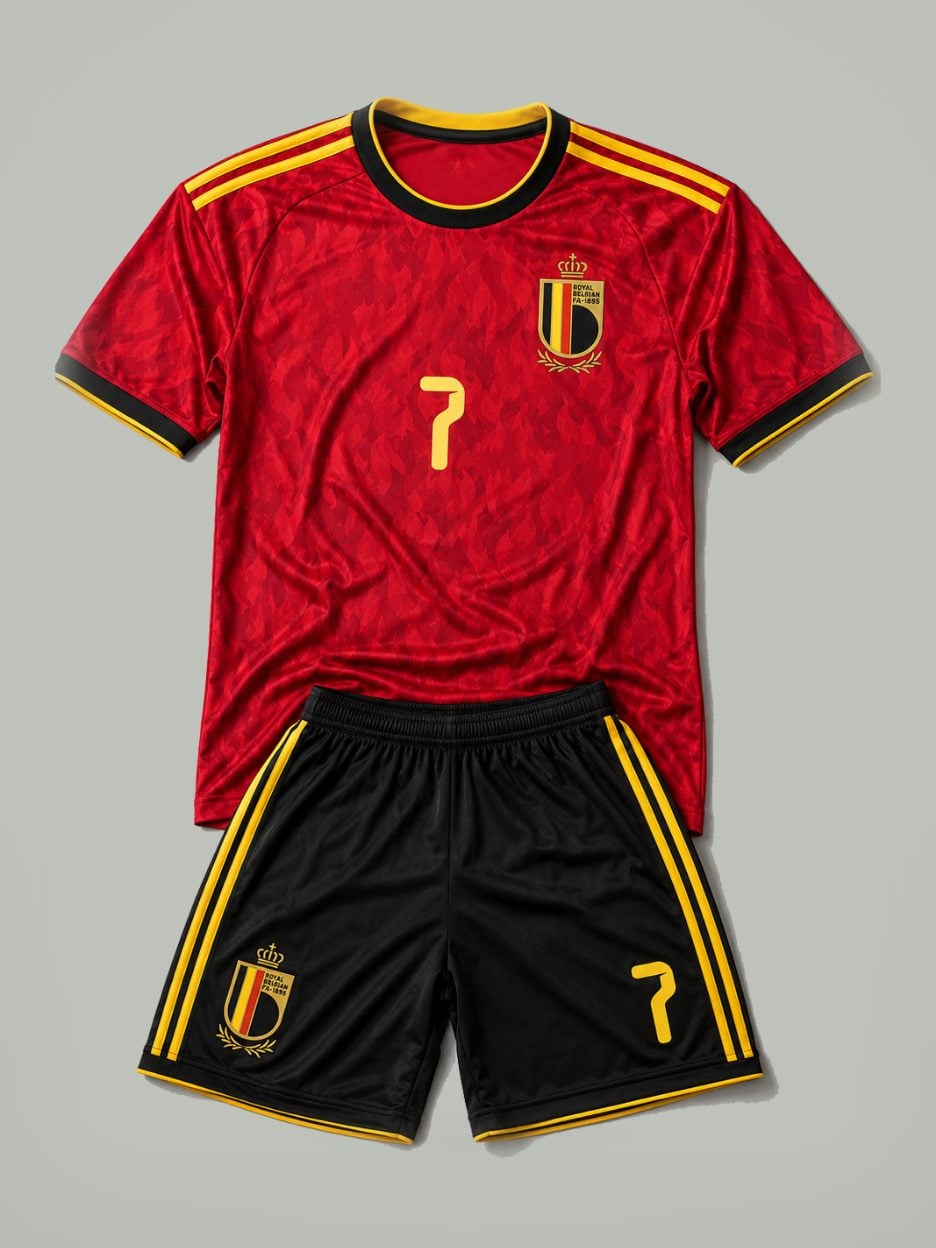 The #7 Kevin De Bruyne Belgium Youth Soccer Jersey: the jersey with the matching shorts