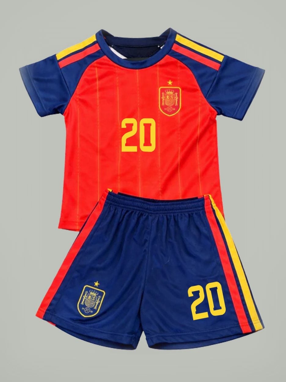 The #20 Pedri Spain Youth Soccer Jersey: the jersey with the matching shorts