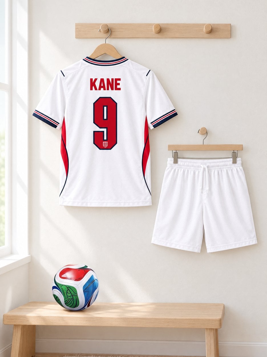 The #9 Harry Kane England Youth Soccer Jersey kit hanging on pegs: the jersey from the back with its matching shorts