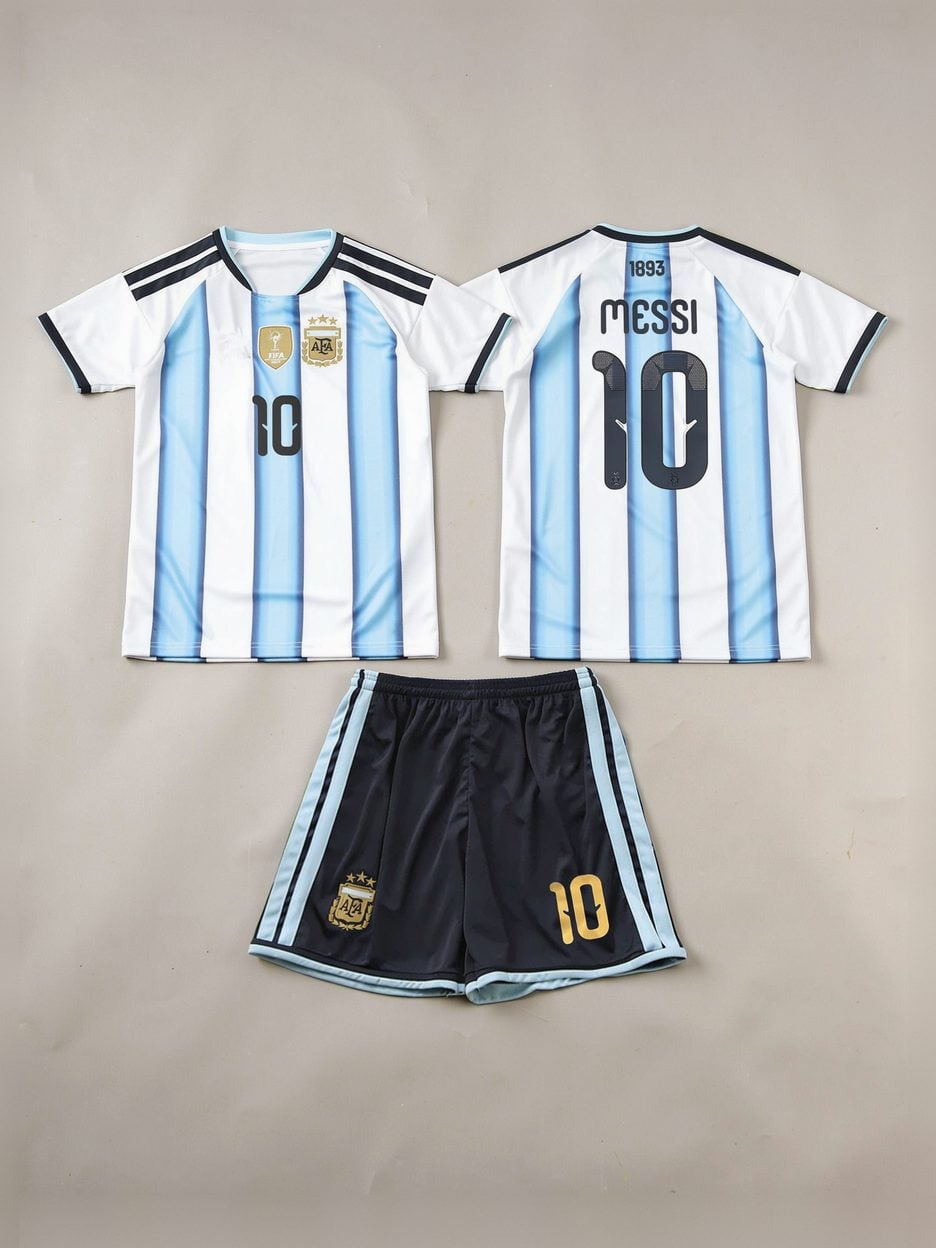 #10 Lionel Messi Sky Blue/White Argentina Youth Soccer Jersey, laid flat: the jersey front, the jersey back with the name and number, and the matching shorts