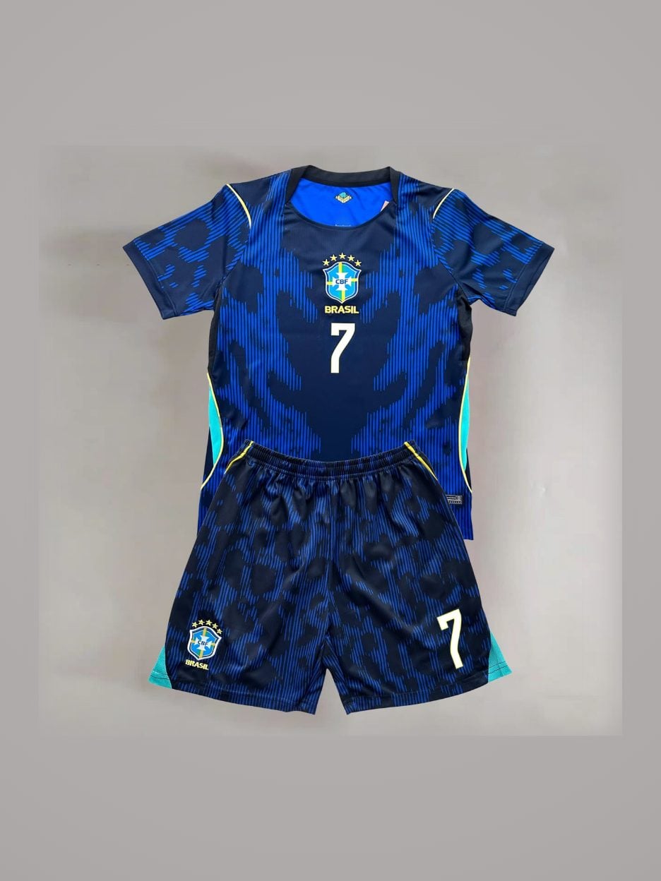 The #7 Vini Jr. Navy Blue Brazil Youth Soccer Jersey: the jersey with the matching shorts