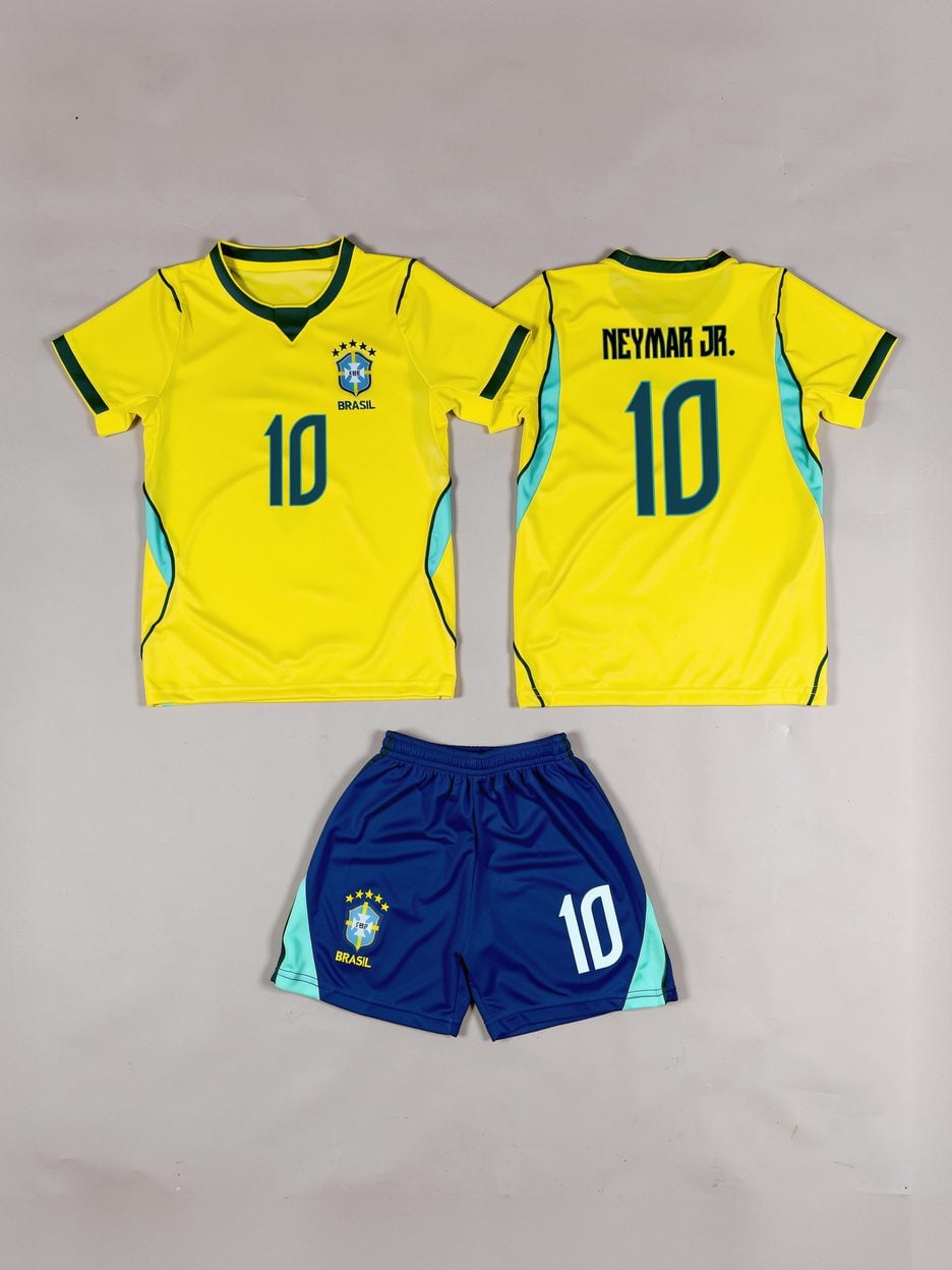 #10 Neymar Jr. Yellow & Blue Brazil Youth Soccer Jersey, laid flat: the jersey front, the jersey back with the name and number, and the matching shorts