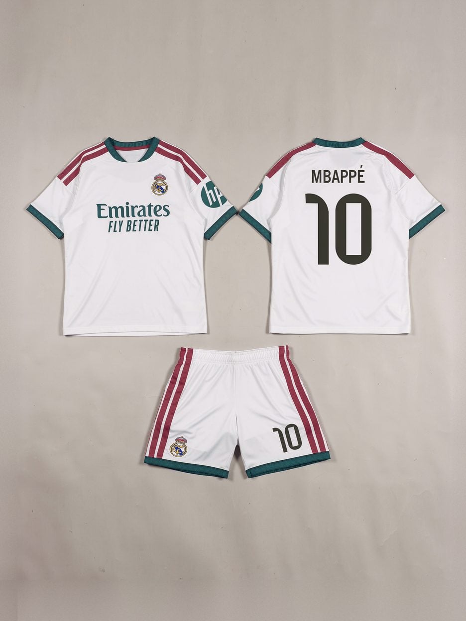 #10 Kylian Mbappé Real Madrid CF White Youth Soccer Jersey, laid flat: the jersey front, the jersey back with the name and number, and the matching shorts