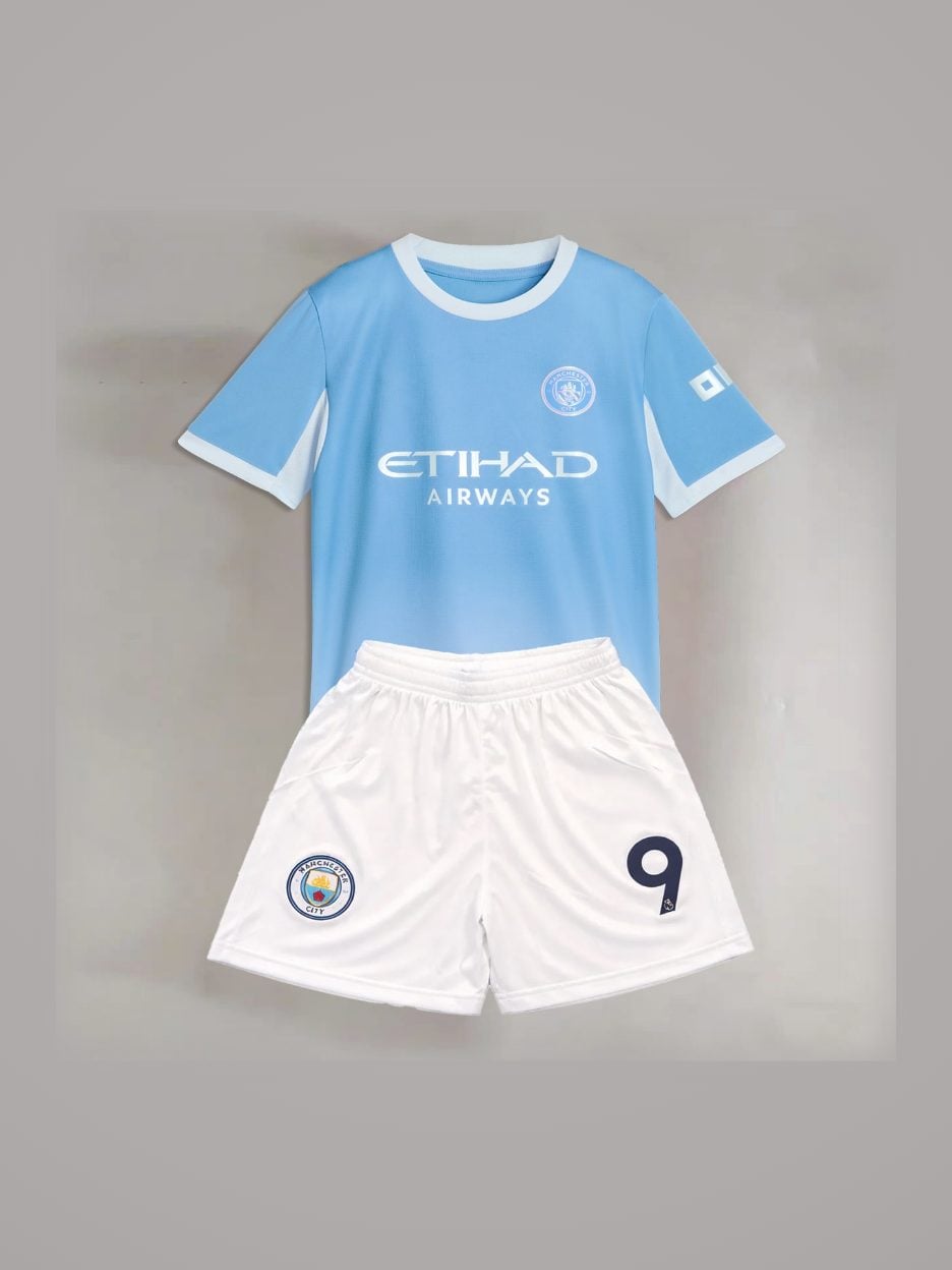 The #9 Erling Haaland Manchester City Youth Soccer Jersey: the jersey with the matching shorts