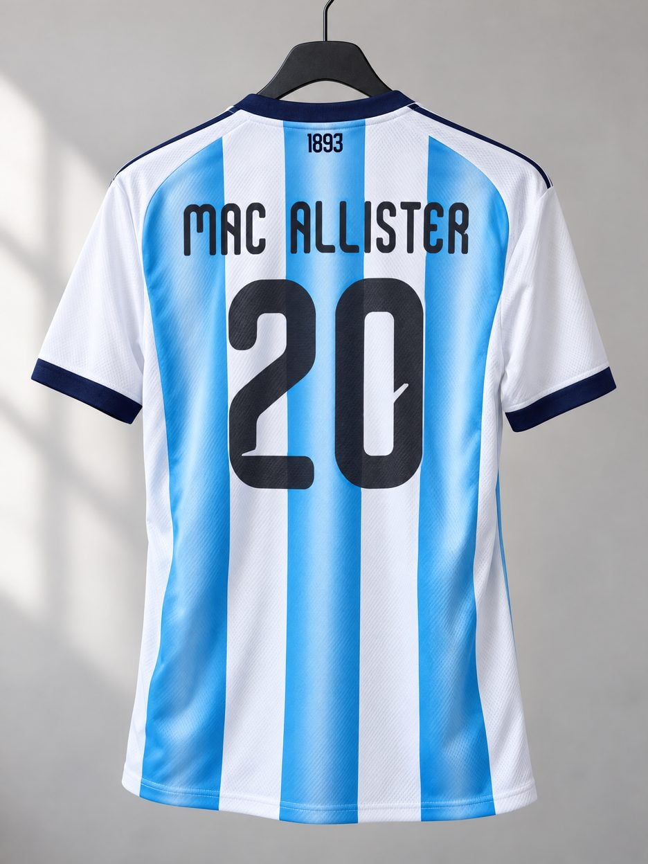 The #20 Alexis Mac Allister Sky Blue/White Argentina Soccer Jersey on a hanger, seen from the back: the collar and cuff trim, the heat-pressed name and number, the colours in the fabric and the light knit