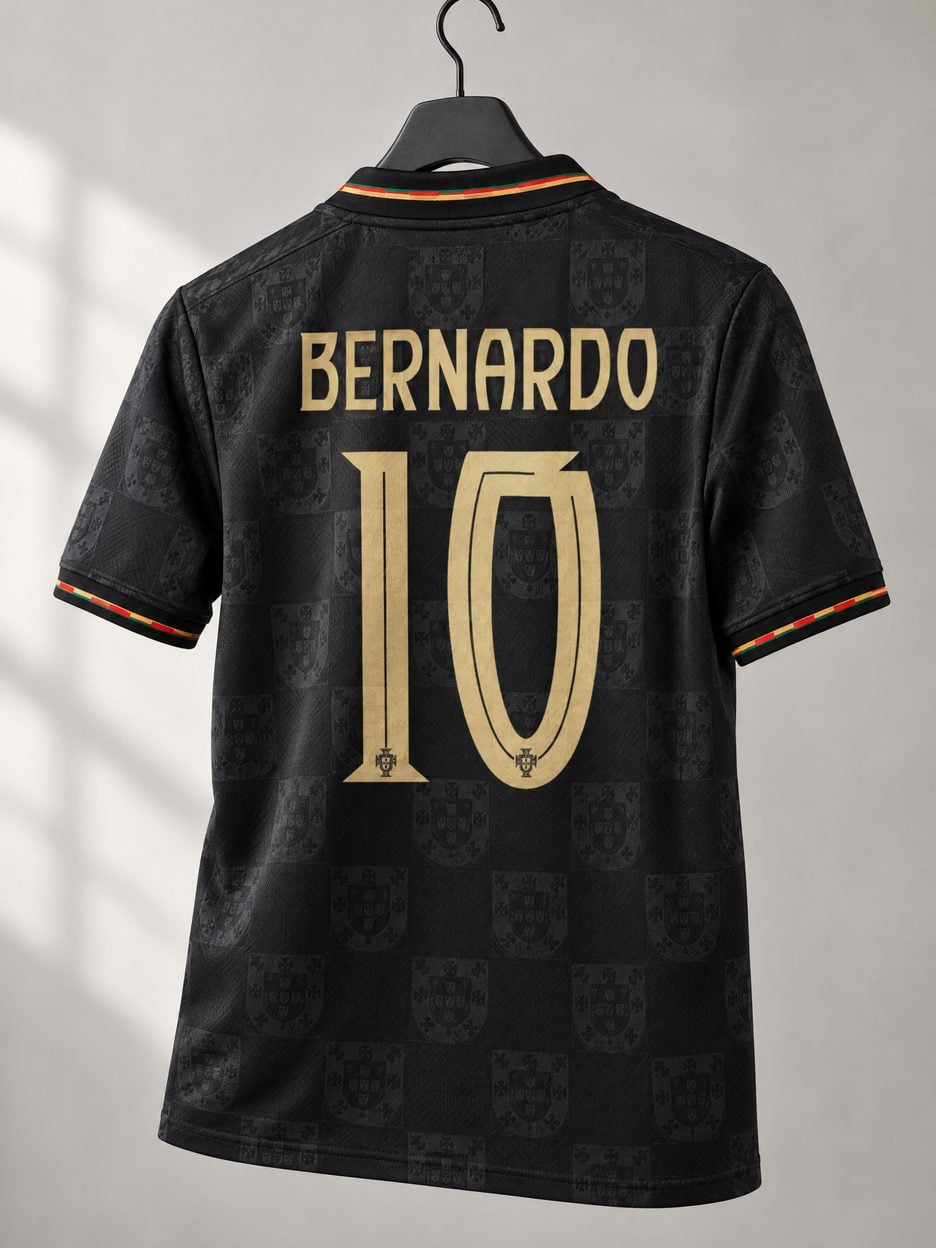 The #10 Bernardo Silva Portugal ‘Black Panther’ Soccer Jersey on a hanger, seen from the back: the collar and cuff trim, the heat-pressed name and number, the colours in the fabric and the light knit