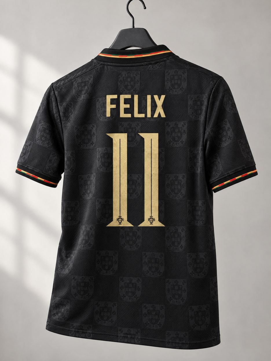 The #11 João Félix Portugal ‘Black Panther’ Soccer Jersey on a hanger, seen from the back: the collar and cuff trim, the heat-pressed name and number, the colours in the fabric and the light knit