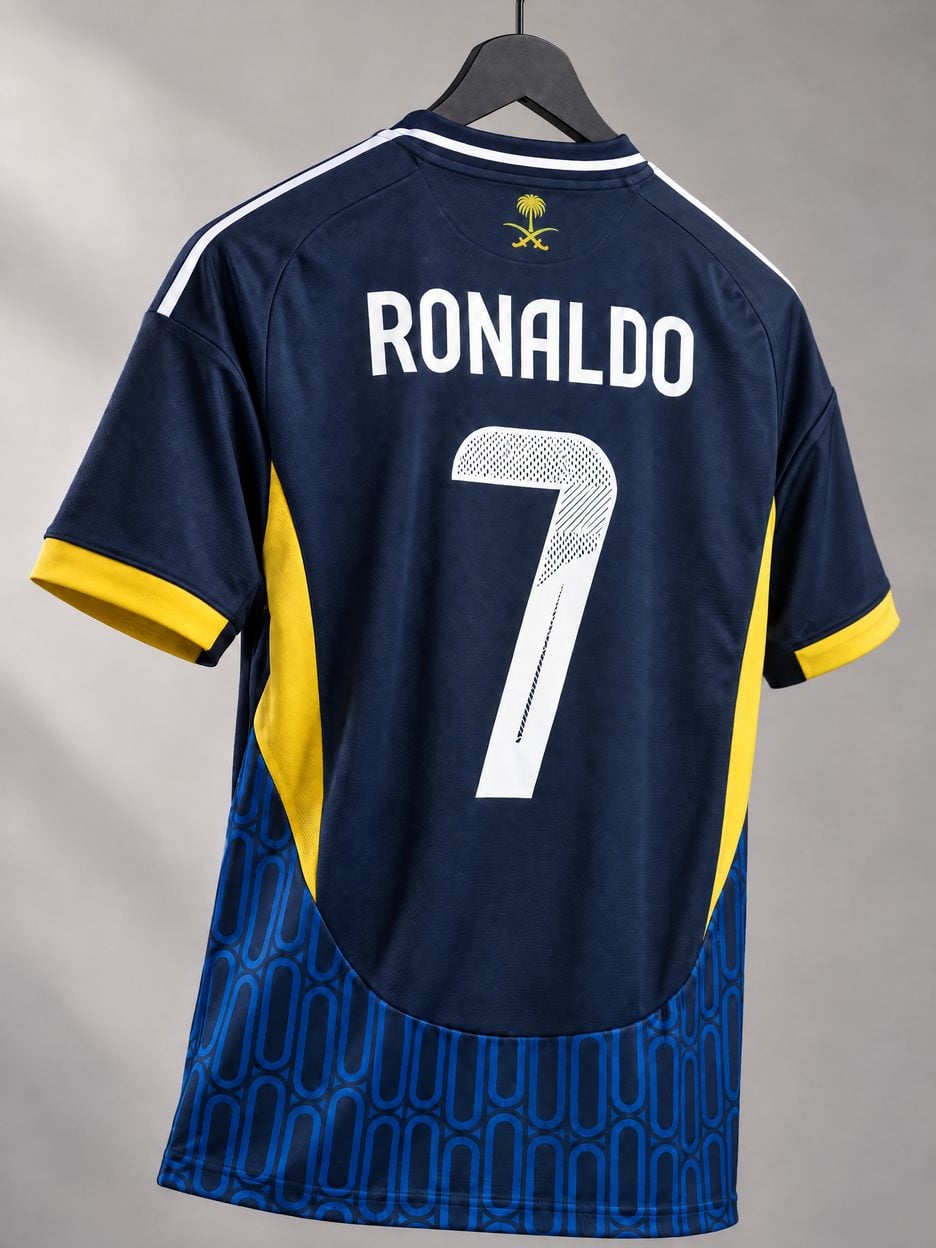 The #7 Cristiano Ronaldo Al Nassr Team Soccer Jersey on a hanger, seen from the back: the collar and cuff trim, the heat-pressed name and number, the colours in the fabric and the light knit