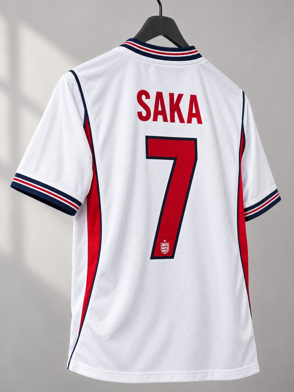 The #7 Bukayo Saka England Soccer Jersey on a hanger, seen from the back: the collar and cuff trim, the heat-pressed name and number, the colours in the fabric and the light knit