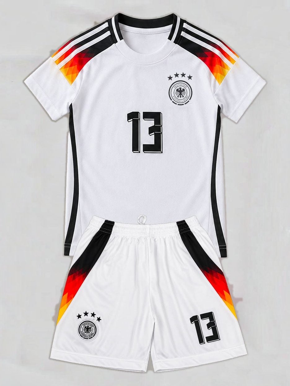 The #13 Thomas Müller Germany Youth Soccer Jersey kit laid flat: the jersey with its matching shorts