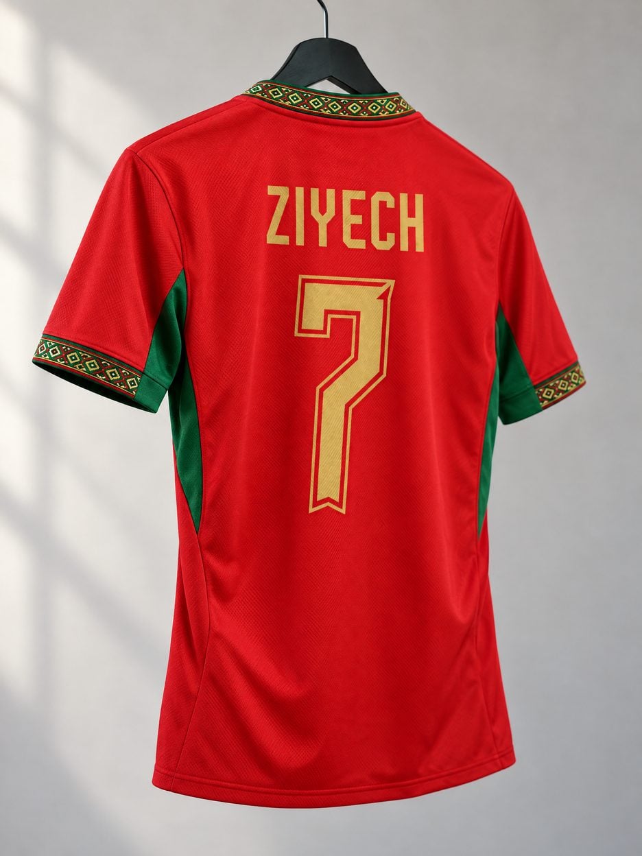 The #7 Hakim Ziyech Morocco Soccer Jersey on a hanger, seen from the back: the collar and cuff trim, the heat-pressed name and number, the colours in the fabric and the light knit
