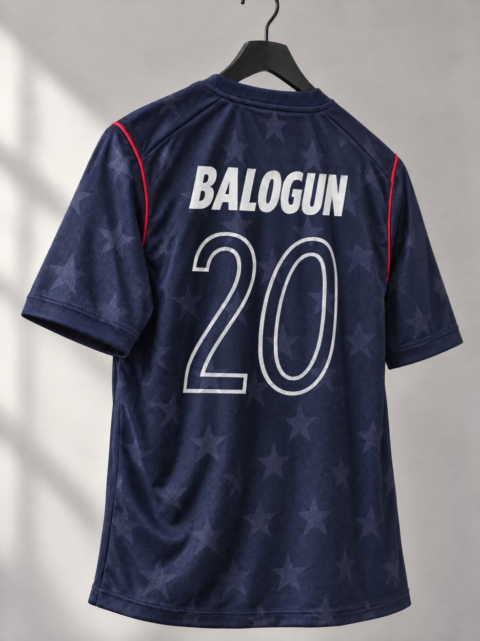 The #20 Folarin Balogun USA Navy Star Soccer Jersey on a hanger, seen from the back: the collar and cuff trim, the heat-pressed name and number, the colours in the fabric and the light knit