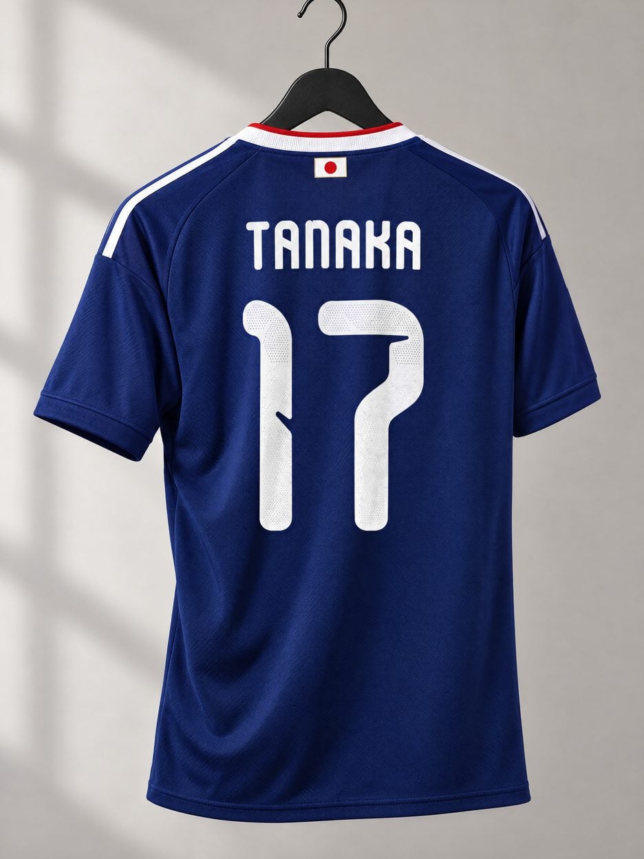 The #17 Ao Tanaka Japan Soccer Jersey on a hanger, seen from the back: the collar and cuff trim, the heat-pressed name and number, the colours in the fabric and the light knit