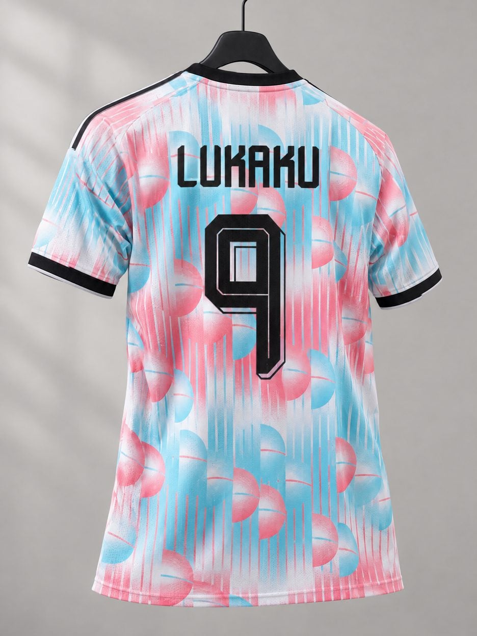 The #9 Romelu Lukaku Belgium Pink and Blue Soccer Jersey on a hanger, seen from the back: the collar and cuff trim, the heat-pressed name and number, the colours in the fabric and the light knit