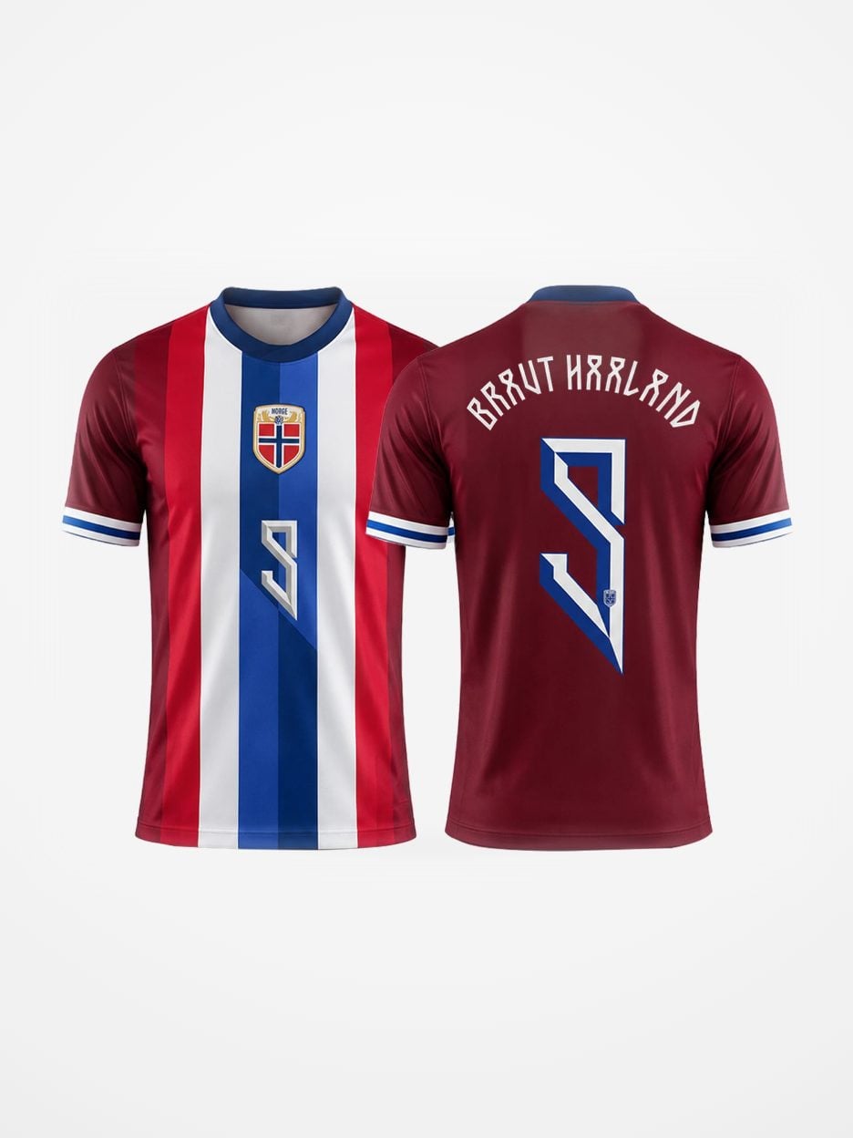 The #9 Erling Haaland Red White and Blue Soccer Jersey: front and back of the jersey