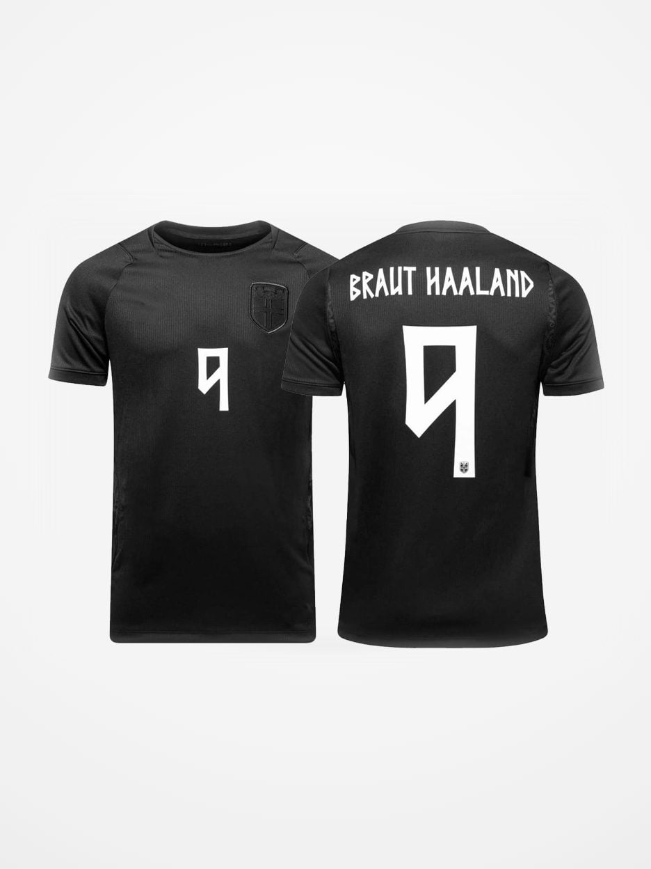 The #9 Erling Haaland Norway Black Soccer Jersey: front and back of the jersey
