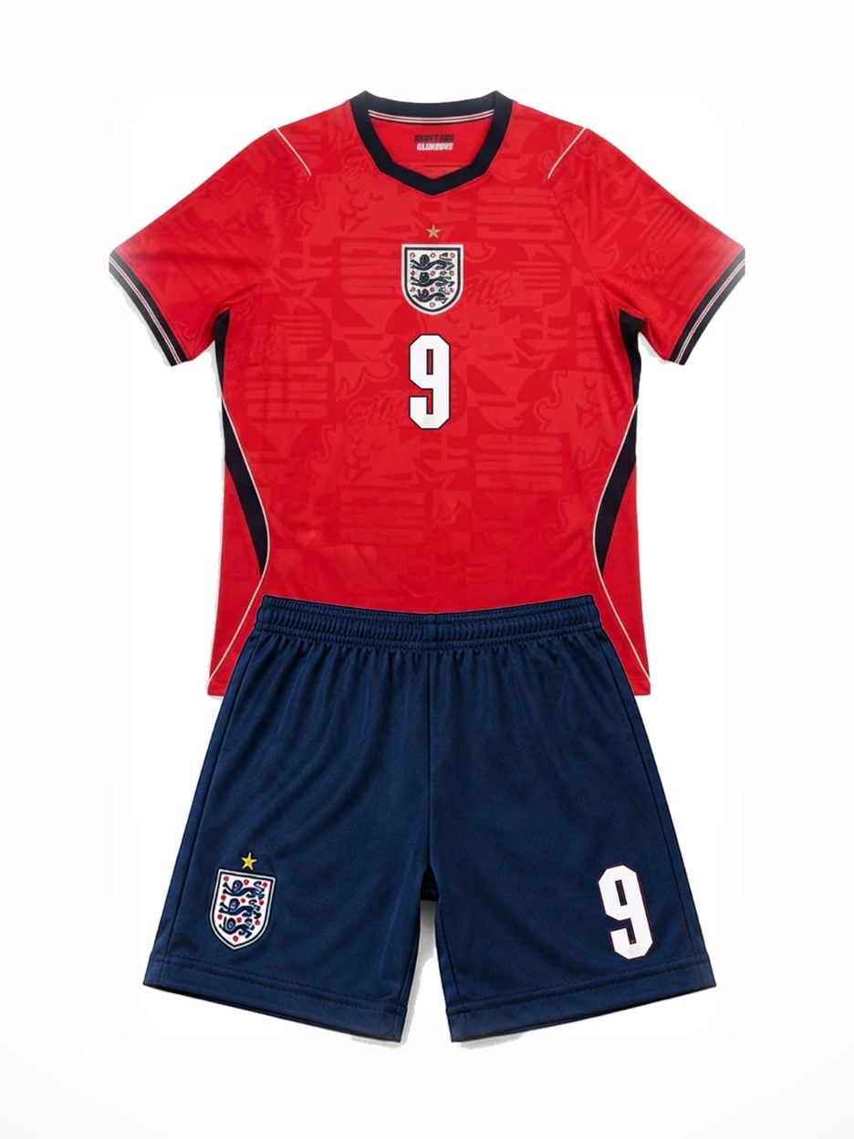 The #9 Harry Kane Red Navy England Youth Soccer Jersey: the jersey with the matching shorts