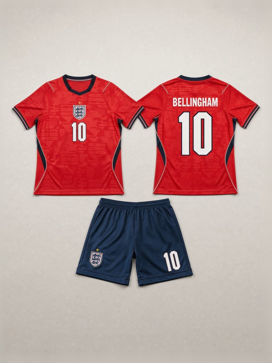 #10 Jude Bellingham Red Navy England Youth Soccer Jersey, laid flat: the jersey front, the jersey back with the name and number, and the matching shorts