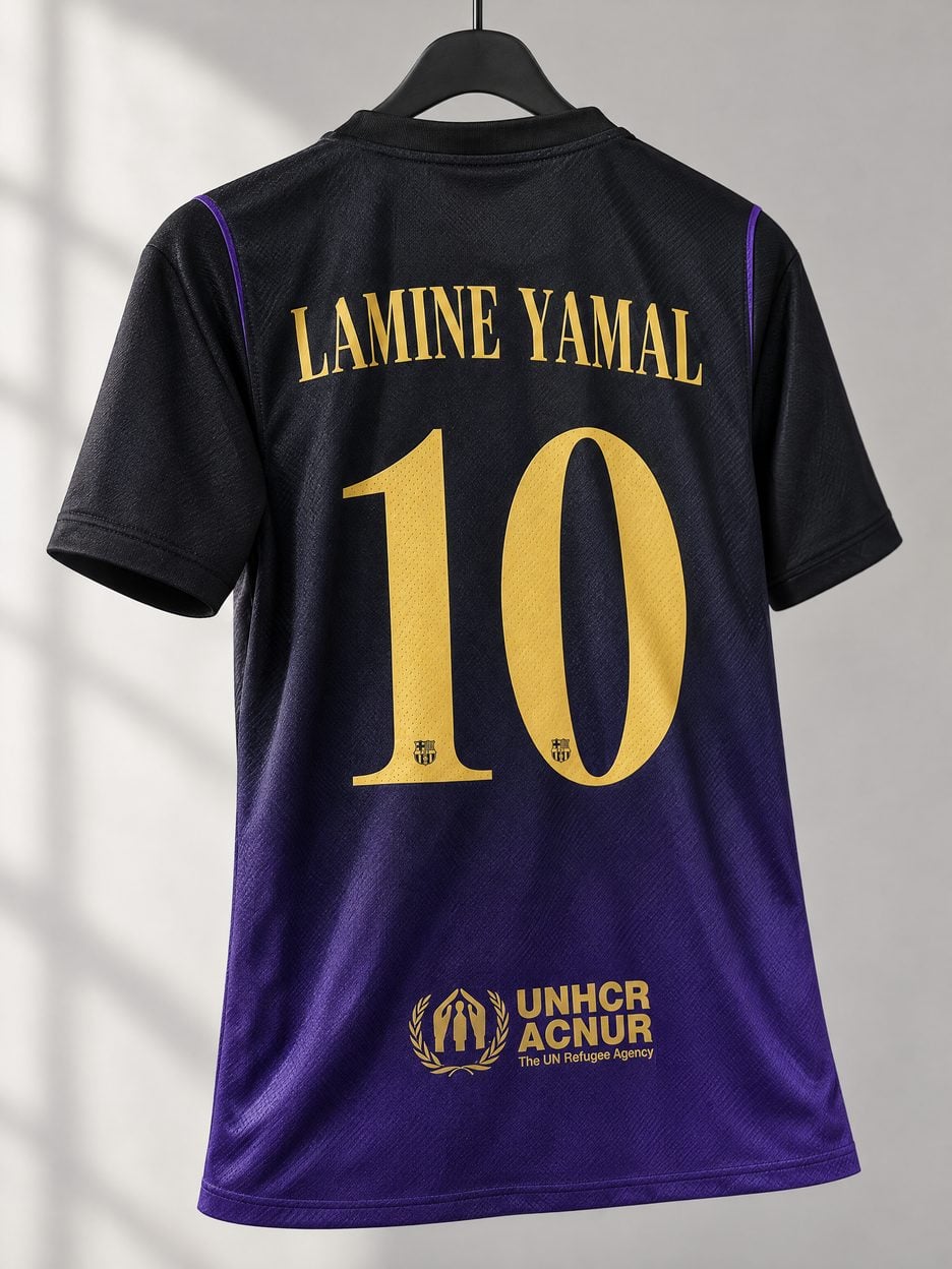 The #10 Lamine Yamal Barcelona Black and Purple Soccer Jersey on a hanger, seen from the back: the collar and cuff trim, the heat-pressed name and number, the colours in the fabric and the light knit