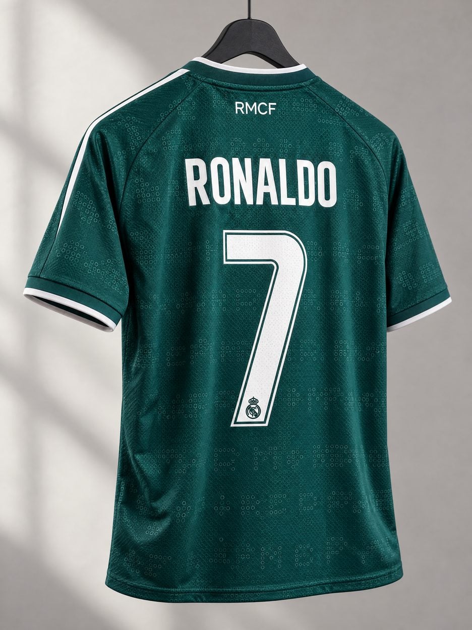 The #7 Cristiano Ronaldo Green and White Soccer Jersey on a hanger, seen from the back: the collar and cuff trim, the heat-pressed name and number, the colours in the fabric and the light knit