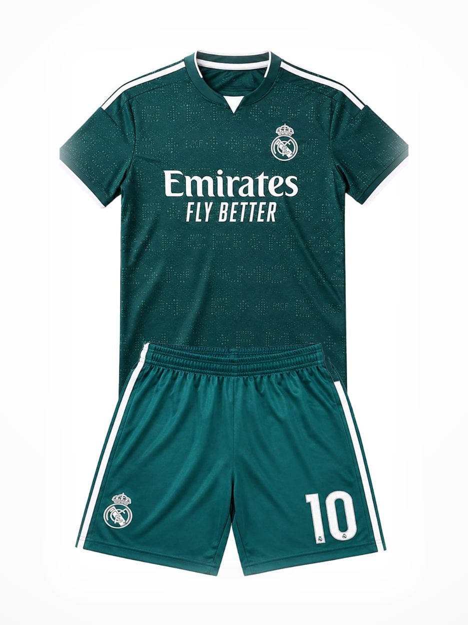 The #10 Kylian Mbappé Green and White Youth Soccer Jersey: the jersey with the matching shorts