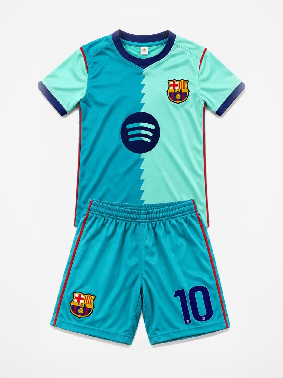 The #10 Lamine Yamal Barcelona Aqua Youth Soccer Jersey: the jersey with the matching shorts