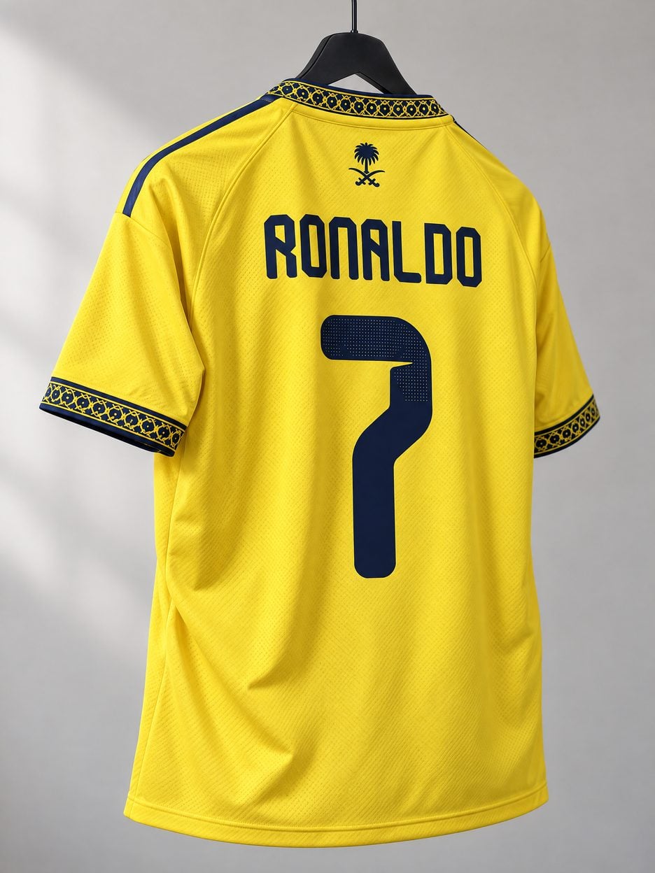The #7 Cristiano Ronaldo Al Nassr Yellow & Navy Soccer Jersey on a hanger, seen from the back: the collar and cuff trim, the heat-pressed name and number, the colours in the fabric and the light knit